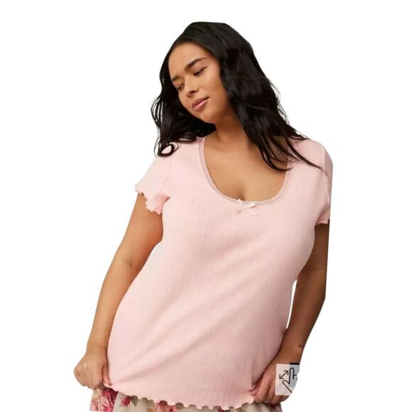 TORRID Plus Size New Pointelle Scoop Neck Lace Trim Impatient Pink Top 2X - Picture 7 of 16
